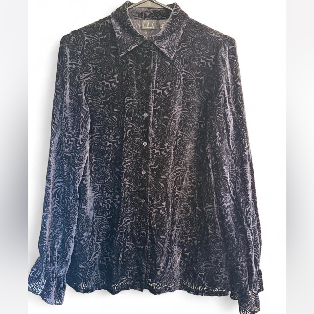 INC International Concepts Silk Vintage Black Velvet Burnout Paisley Shirt